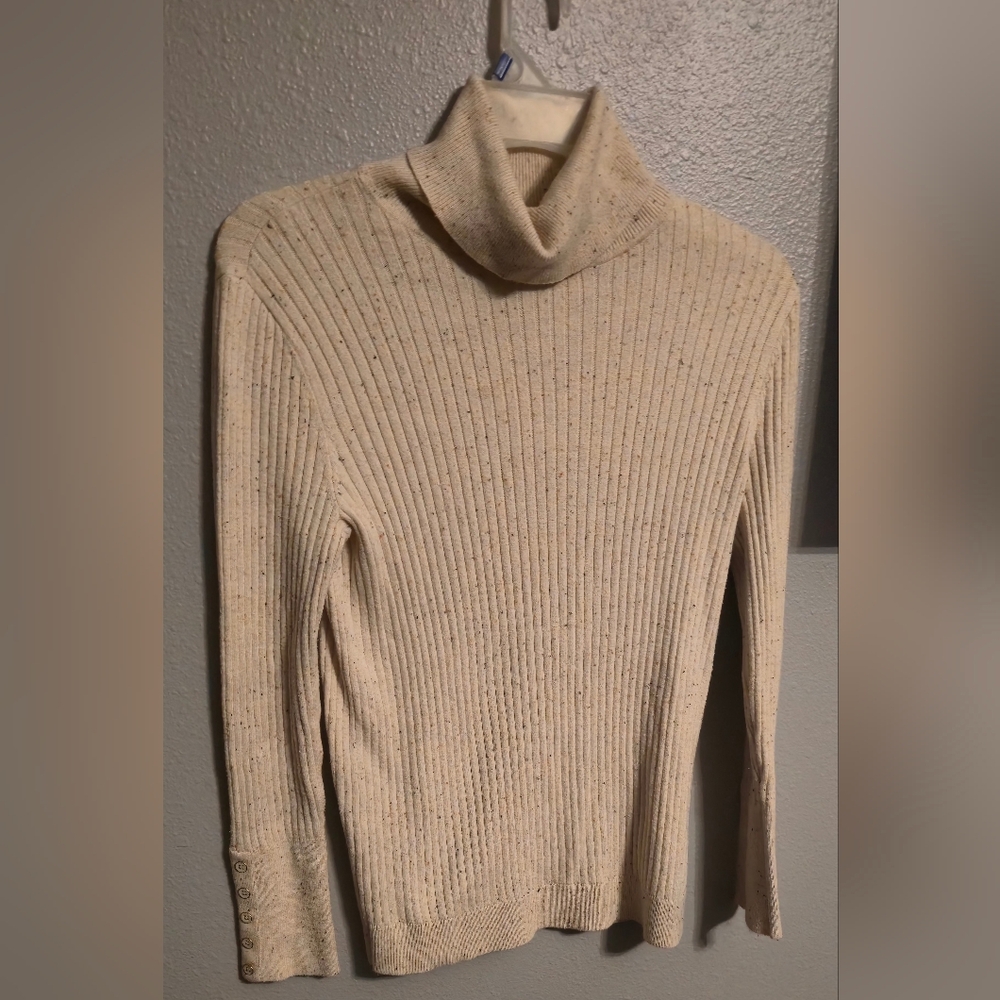 Talbots Turtleneck Womens Ivory Speckled Ribbed Knit Soft Cottagecore Sweater